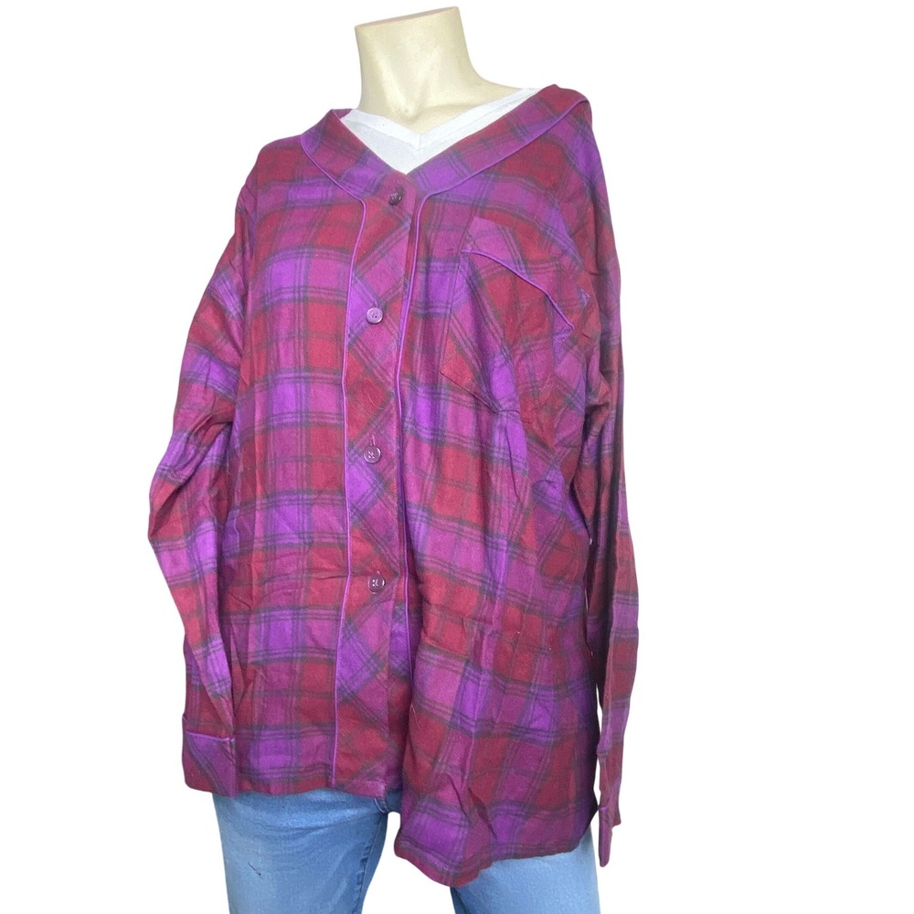 Cherokee Womens XL Plaid Flannel Nightshirt Burgundy Purple Button Front